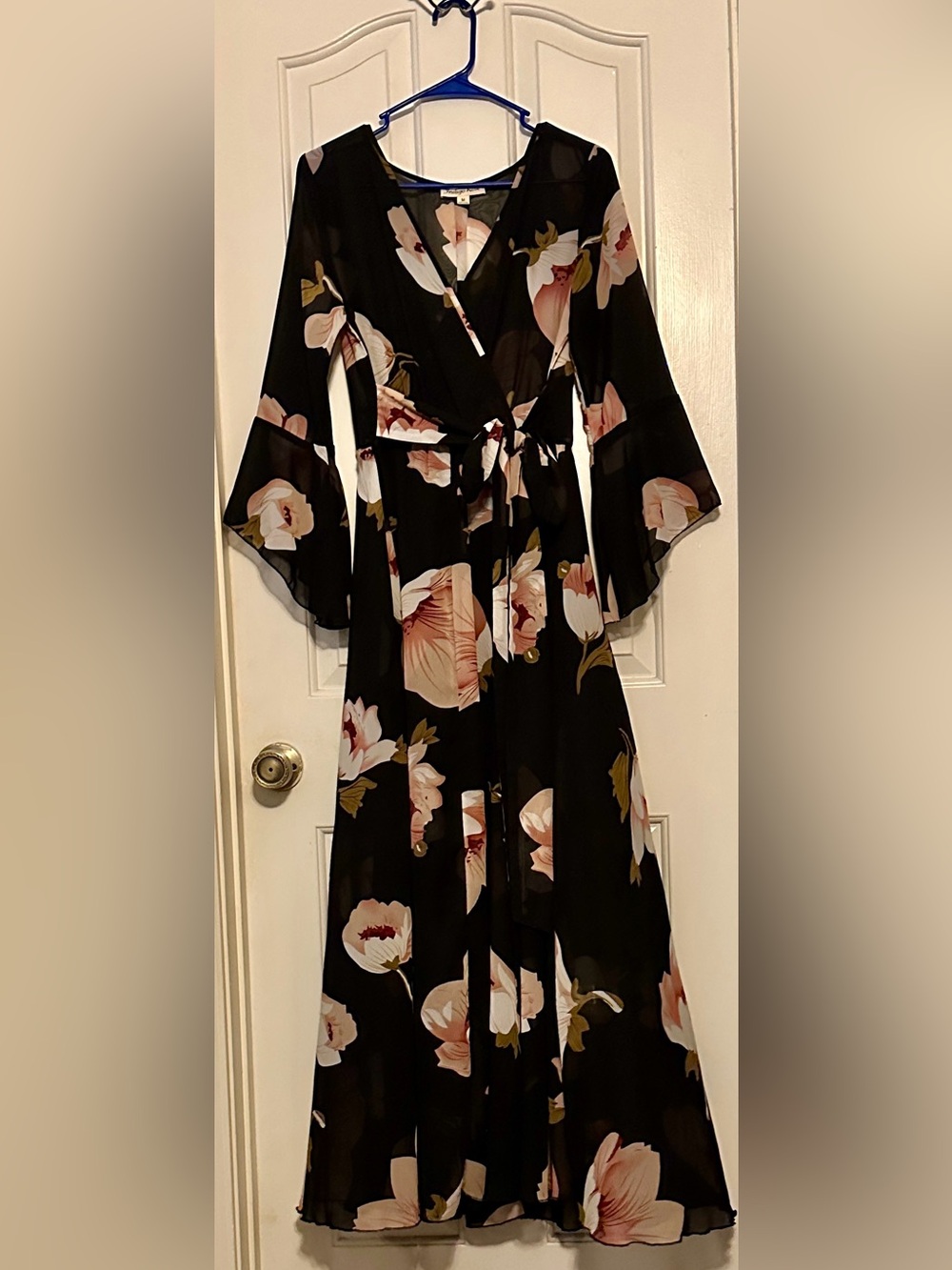 Black Floral Maxi Wrap Dress with Bell Sleeves